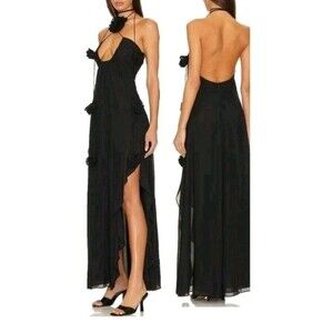 For Love And Lemons Desiree Dress Gown 2X Black Halter Maxi Ruffle Formal New